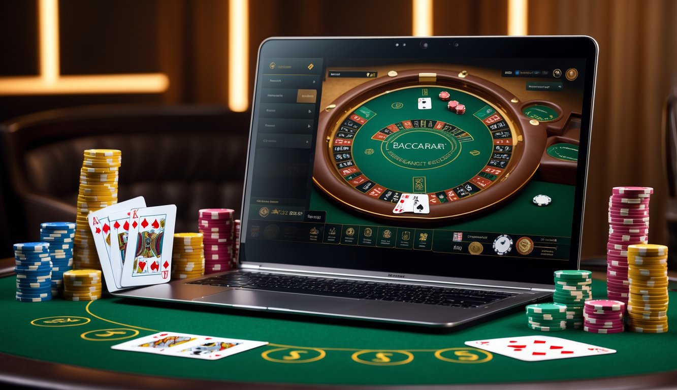 Sebuah meja permainan baccarat online dengan komputer, chip poker, dan kartu bermain yang menunjukkan tangan baccarat.