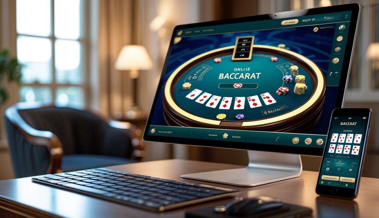 Seorang pemain sedang menggunakan komputer dan ponsel untuk bermain baccarat online di meja kerja yang rapi dan nyaman.