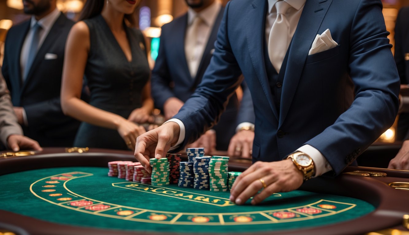 Suasana permainan baccarat langsung di kasino dengan dealer dan beberapa pemain yang fokus pada meja hijau.