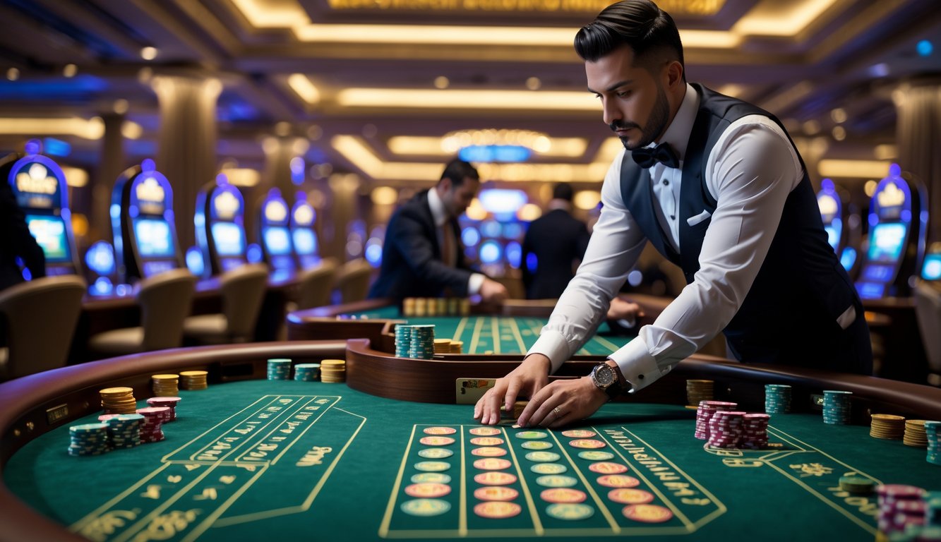 Seorang pemain berjubah rapi sedang bermain baccarat di meja kasino dengan dealer dan chip warna-warni.