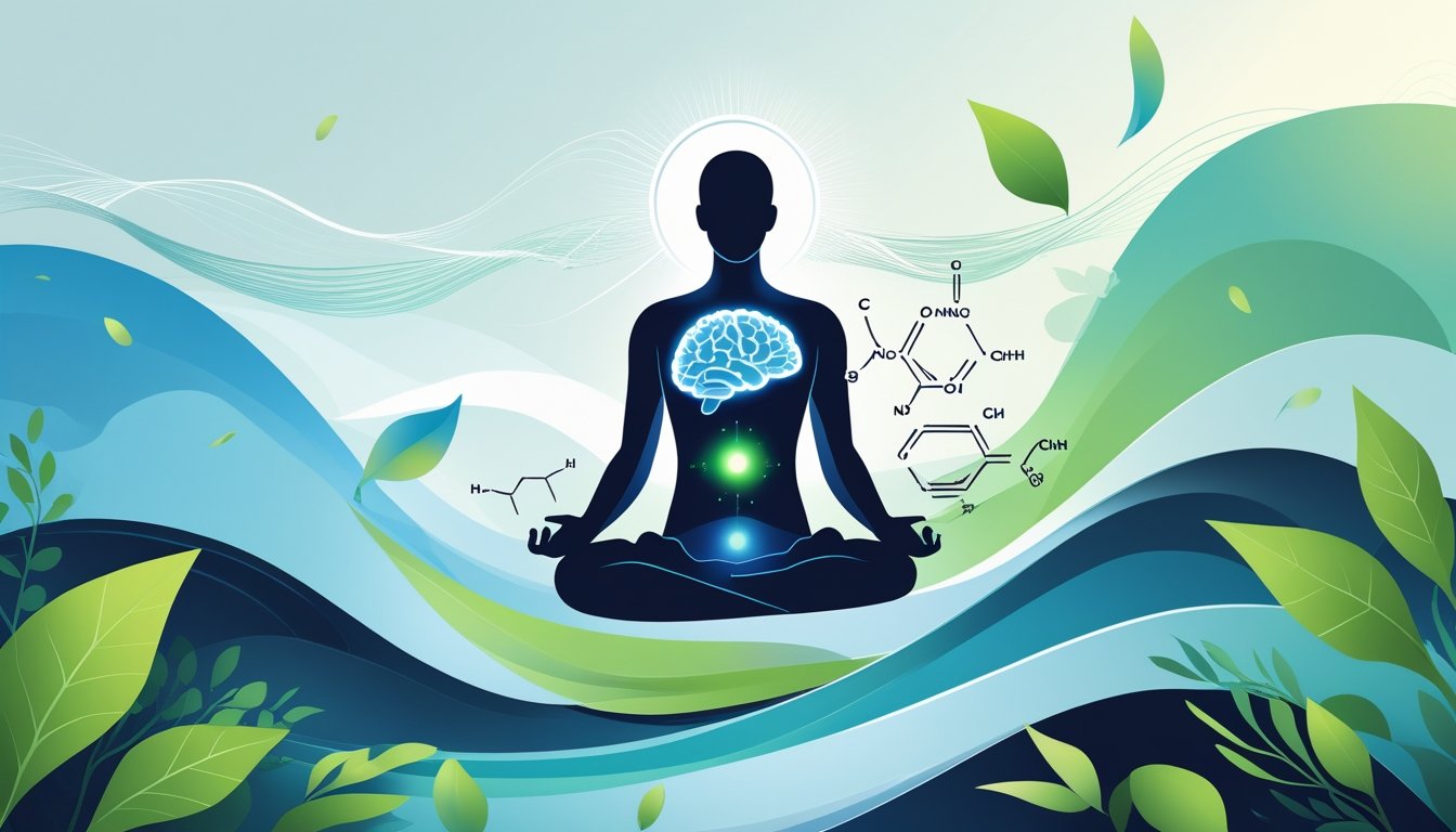 A calm human figure with a glowing brain surrounded by soft blue and green shapes, natural elements, and subtle chemical structures symbolizing mood and emotional wellness.
