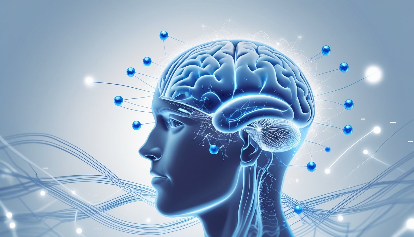 A human head in profile showing a glowing brain with lithium molecules around it, symbolizing brain health and cognitive benefits.