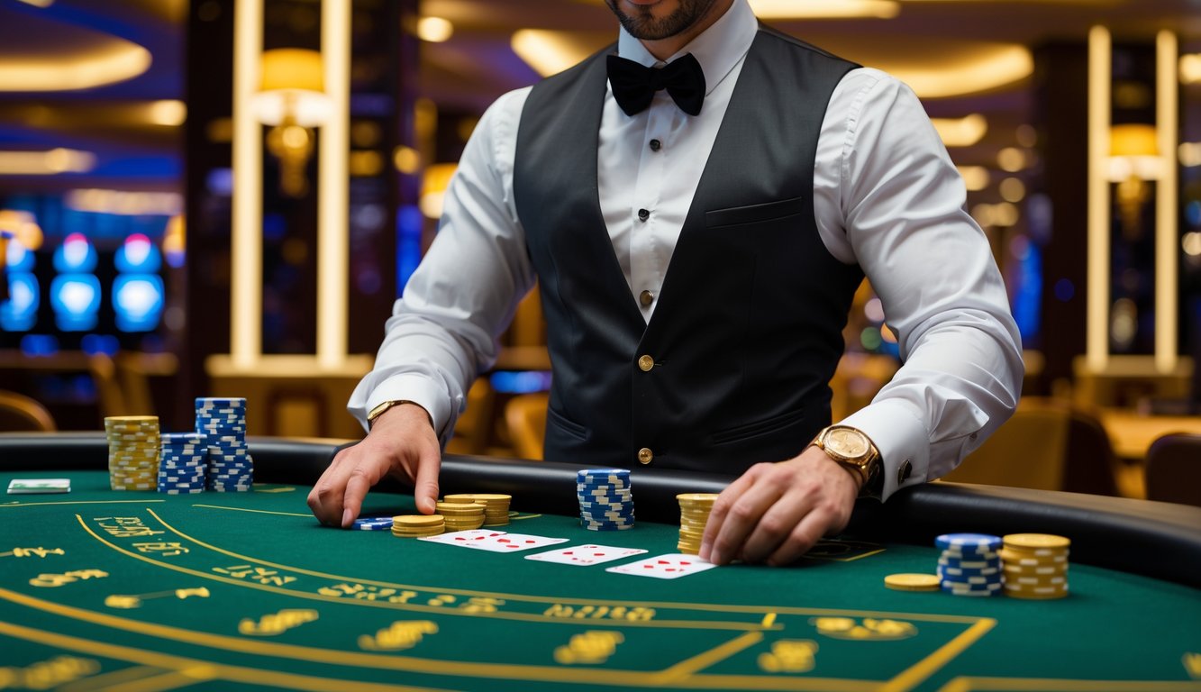 Seorang dealer baccarat profesional sedang membagikan kartu di meja kasino dengan suasana mewah.