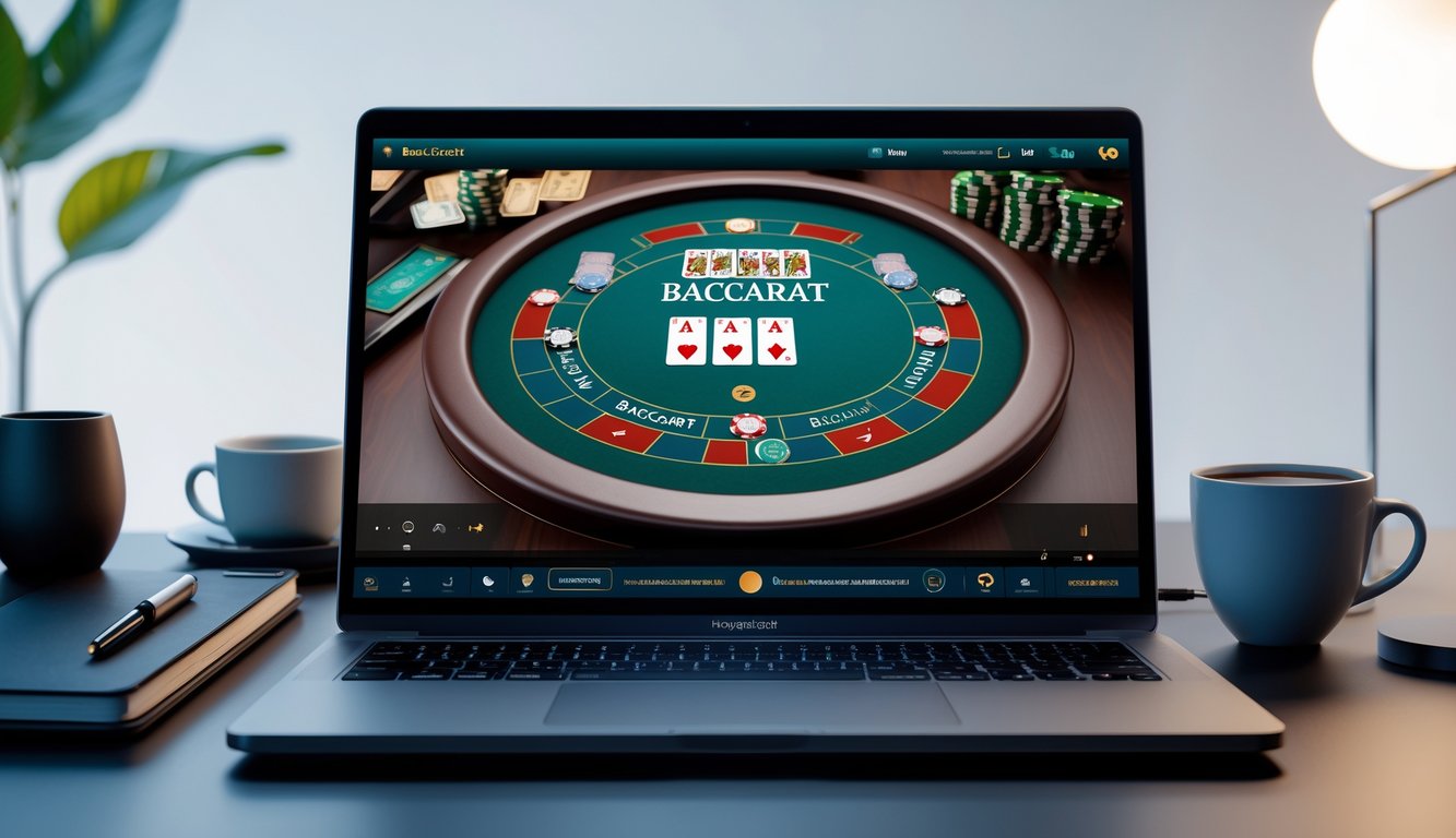 Sebuah meja kerja dengan komputer yang menampilkan permainan baccarat online, dilengkapi dengan kartu dan chip, serta beberapa perlengkapan seperti cangkir kopi dan buku catatan.