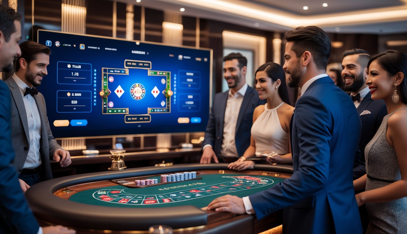 Orang-orang berpakaian rapi bermain permainan baccarat online di lingkungan kasino modern dengan layar digital dan suasana mewah.