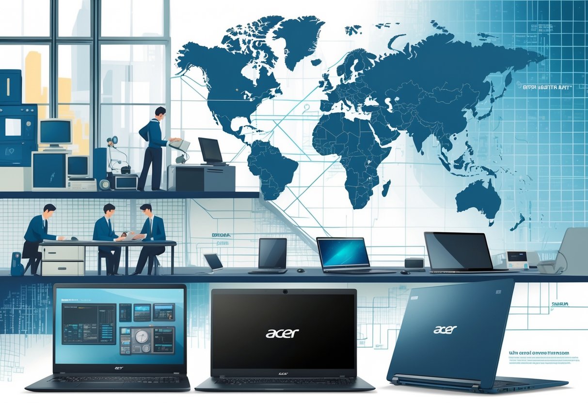 Ilustrasi yang menggambarkan sejarah dan perkembangan merek laptop Acer dari masa lalu hingga sekarang.