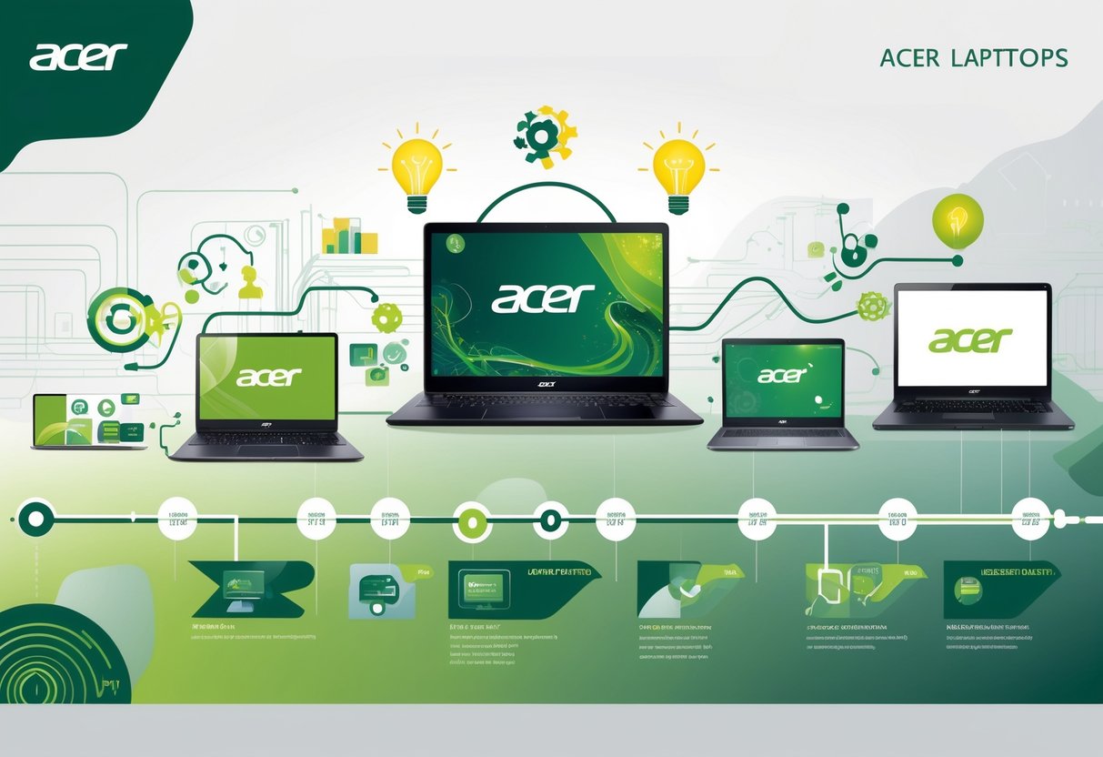 Ilustrasi yang menunjukkan perjalanan sejarah merek laptop Acer dengan berbagai model laptop yang berkembang, simbol inovasi, akuisisi, dan tonggak penting dalam sebuah garis waktu.