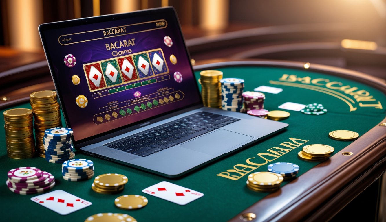 Sebuah laptop dengan tampilan permainan baccarat online, dikelilingi tumpukan chip poker dan koin emas di atas meja kayu.