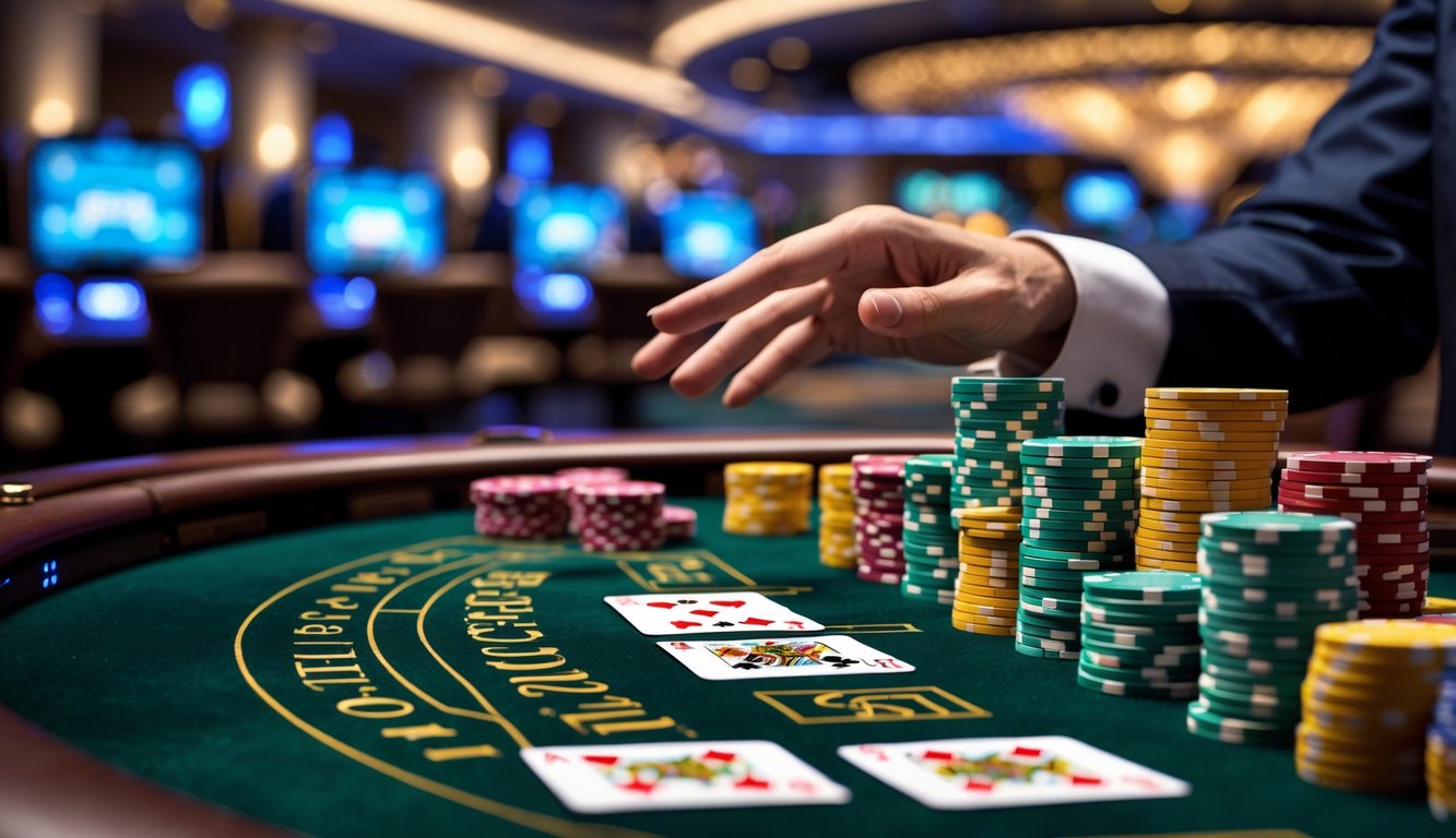 Meja baccarat dengan kartu dan tumpukan chip kasino dalam suasana kasino yang mewah.