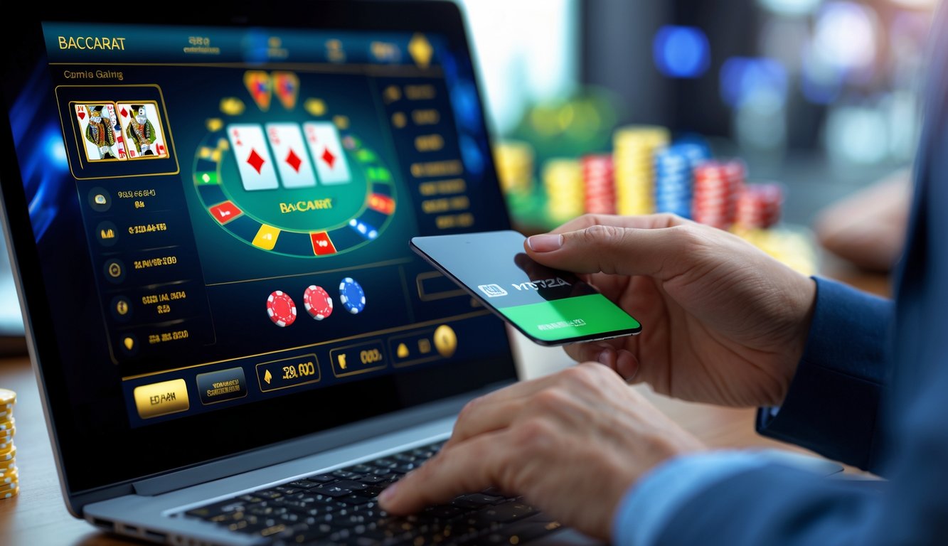 Seseorang menggunakan ponsel untuk melakukan deposit cepat pada permainan baccarat online di depan laptop.
