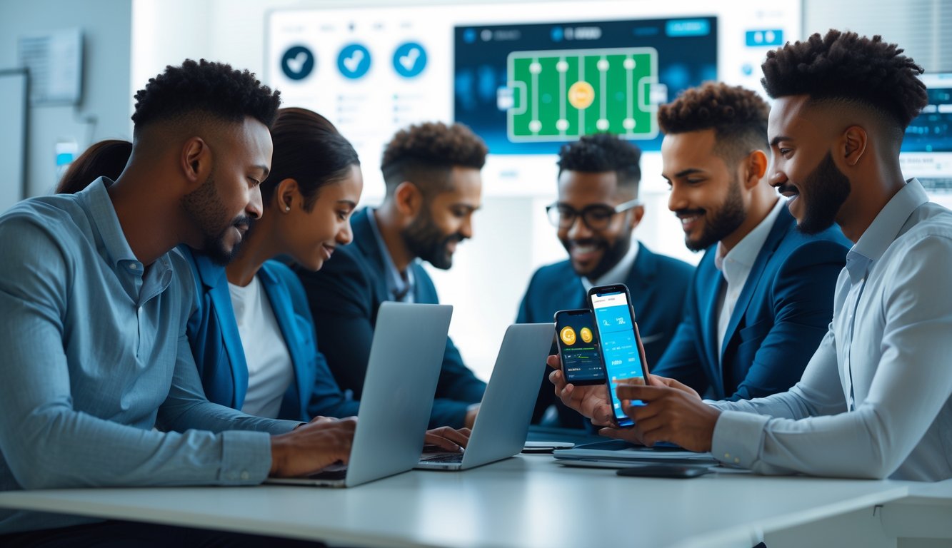 Orang-orang menggunakan laptop dan ponsel untuk bertaruh olahraga online di ruang kerja modern.