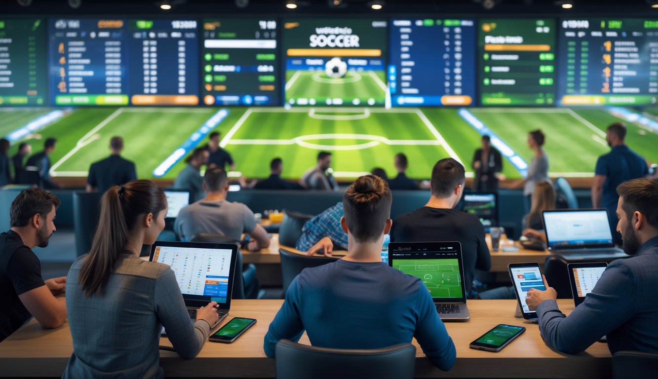 Orang-orang sedang memasang taruhan pada pertandingan sepak bola menggunakan perangkat digital di sebuah ruang taruhan olahraga yang modern.