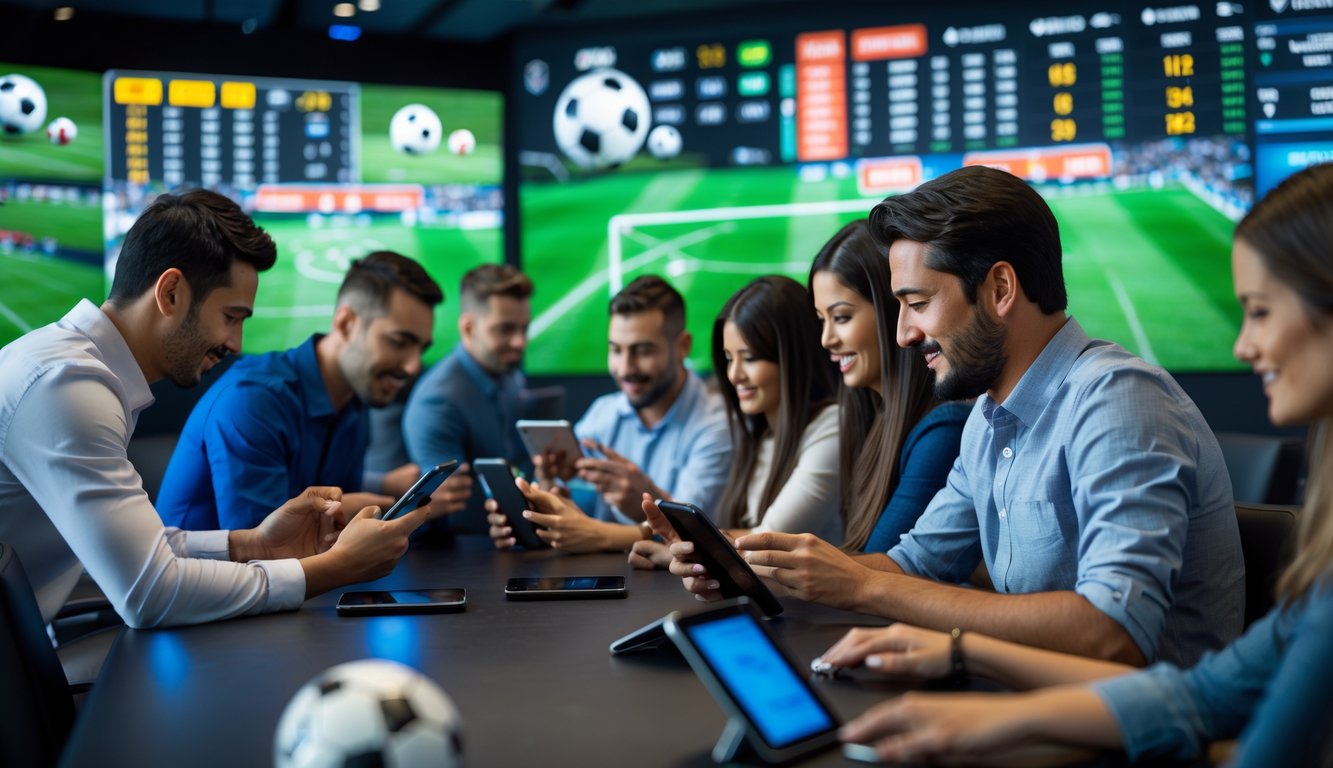 Orang-orang sedang memasang taruhan bola menggunakan perangkat digital di ruang taruhan dengan layar besar menampilkan pertandingan sepak bola.