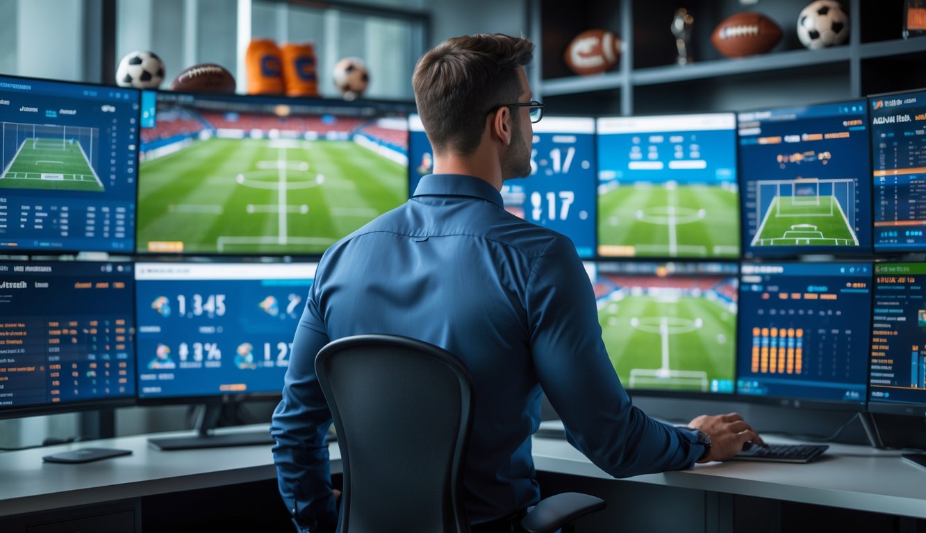 Seorang analis olahraga yang fokus di kantor modern dengan beberapa monitor menampilkan statistik dan rekaman pertandingan sepak bola.