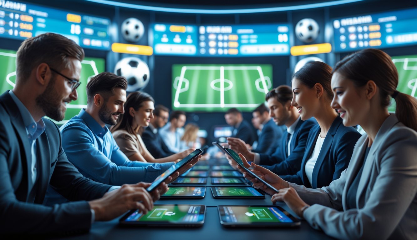 Sekelompok orang sedang memasang taruhan pada pertandingan sepak bola menggunakan perangkat digital di ruangan dengan layar besar yang menampilkan pertandingan sepak bola.
