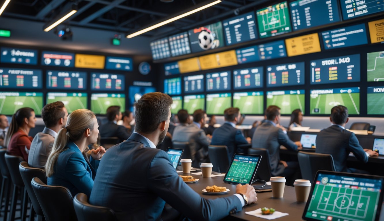 Orang-orang menonton pertandingan sepak bola di layar besar sambil menggunakan perangkat untuk memasang taruhan dalam suasana ruang taruhan olahraga yang modern.