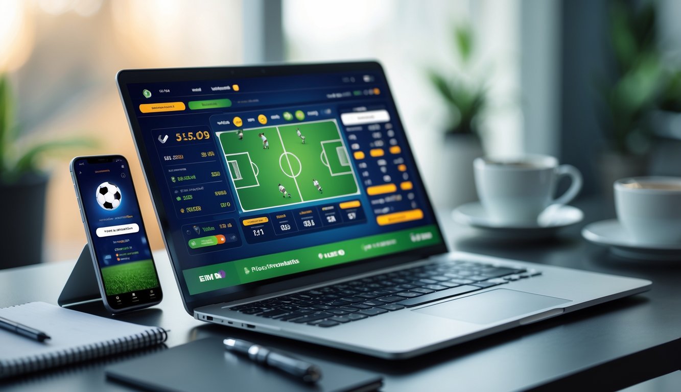 Seorang pria menggunakan laptop di meja kerja dengan tampilan aplikasi taruhan sepak bola online di layar.