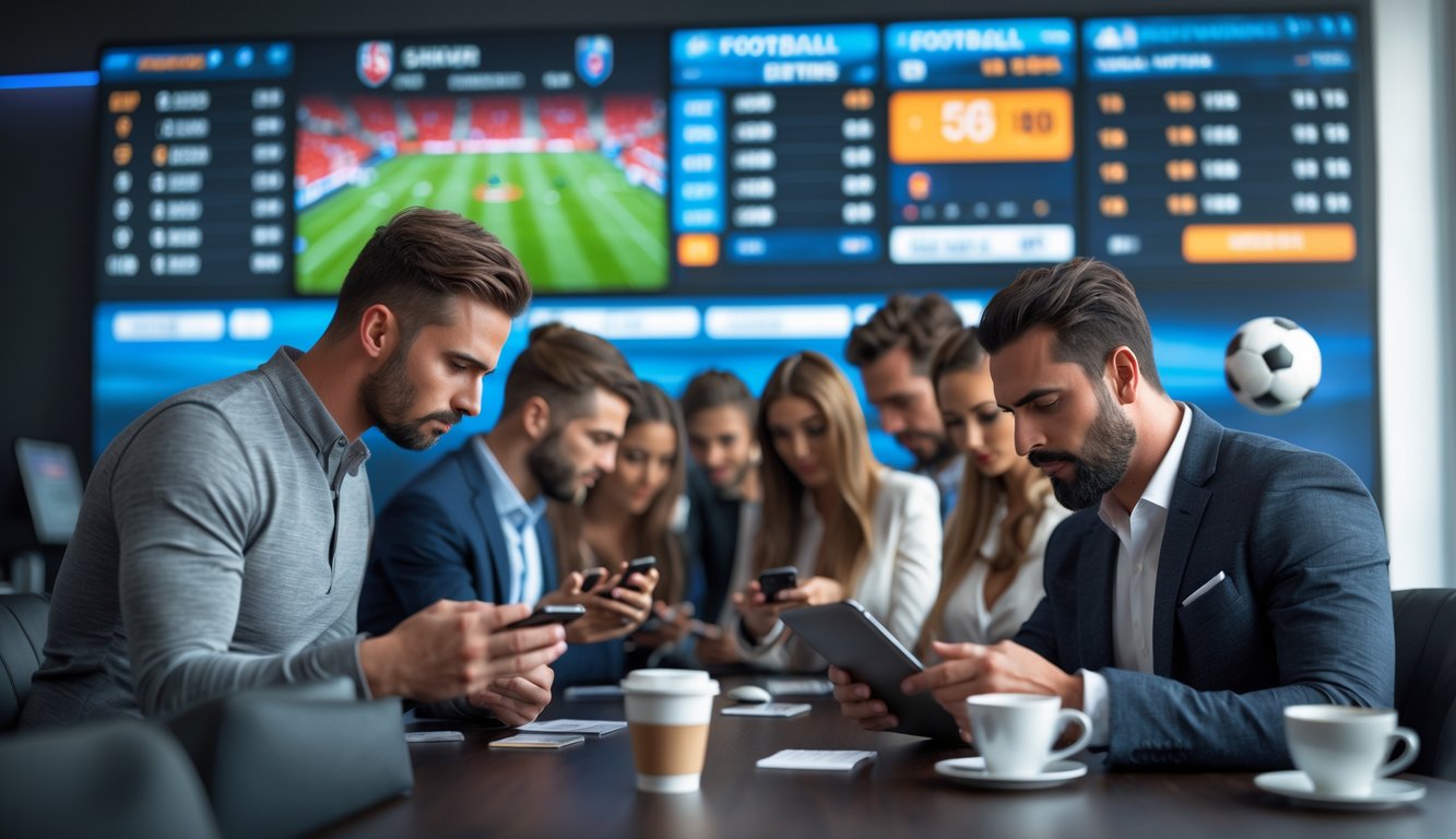 Sekelompok orang yang fokus menggunakan perangkat digital di lingkungan taruhan bola dengan layar besar menampilkan pertandingan sepak bola langsung.