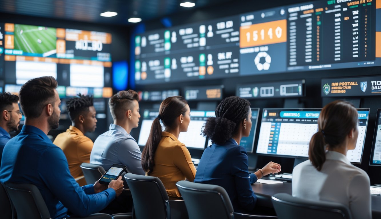 Sekelompok orang sedang menonton pertandingan sepak bola secara langsung dan memasang taruhan di layar besar dalam ruangan modern.