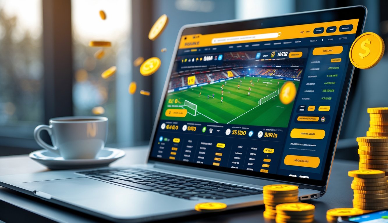 Seorang pria menggunakan laptop di meja kerja dengan tampilan situs taruhan sepak bola online dan simbol bonus di sekitarnya.