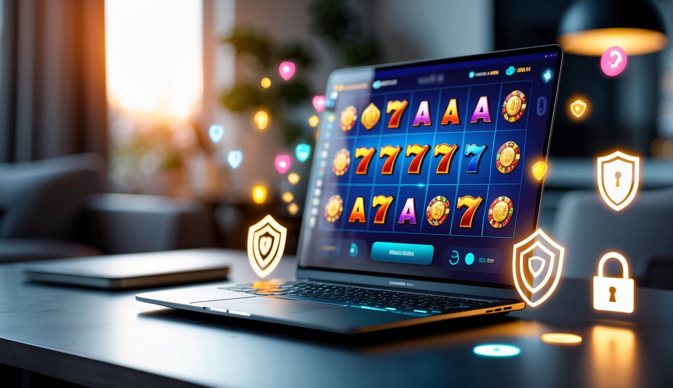 Sebuah ruang kerja modern dengan laptop yang menampilkan permainan slot online di layar, dikelilingi oleh simbol keamanan yang menunjukkan kepercayaan.