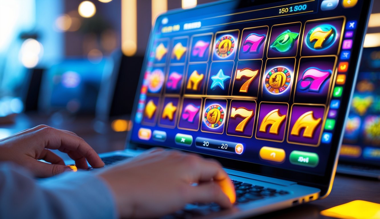 Seorang pemain sedang menggunakan komputer dengan tampilan mesin slot berwarna-warni di layar, di ruang kerja yang terang dan modern.