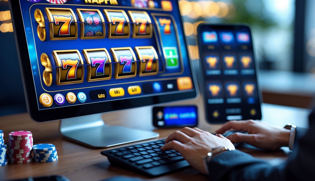 Seseorang sedang bermain permainan slot online di komputer dengan tampilan layar yang menampilkan mesin slot berwarna-warni.