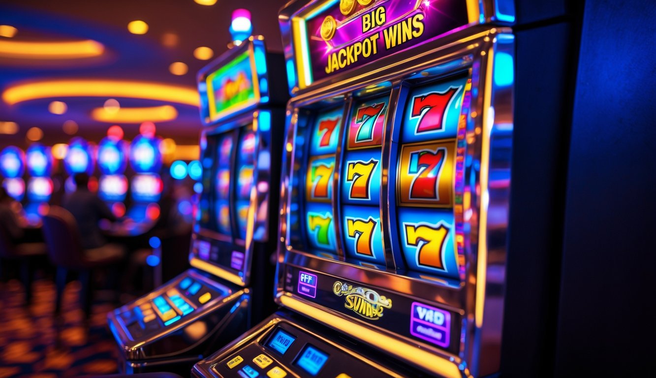 Mesin slot modern dengan gulungan berwarna-warni yang menunjukkan simbol kemenangan di kasino yang ramai.