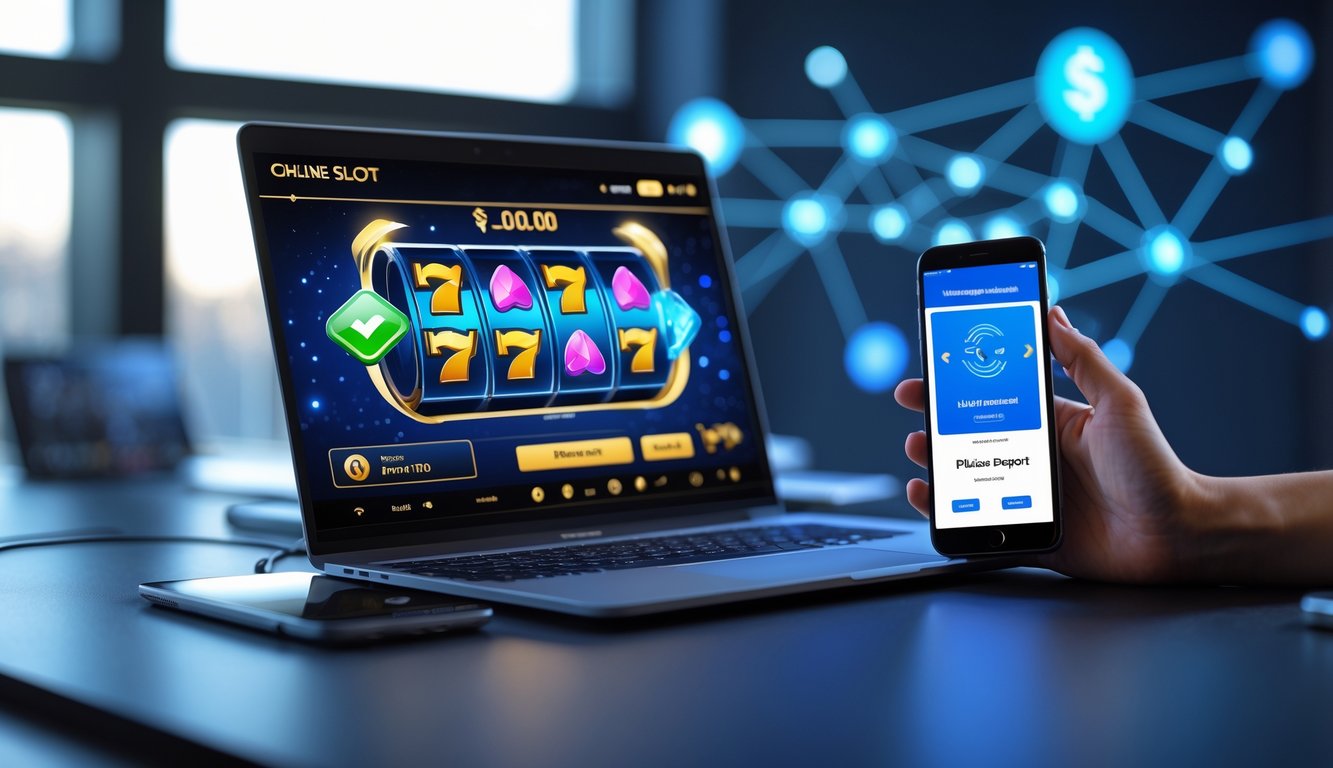 Seorang pria menggunakan laptop dengan permainan slot online di layar dan smartphone menunjukkan aplikasi pembayaran pulsa.