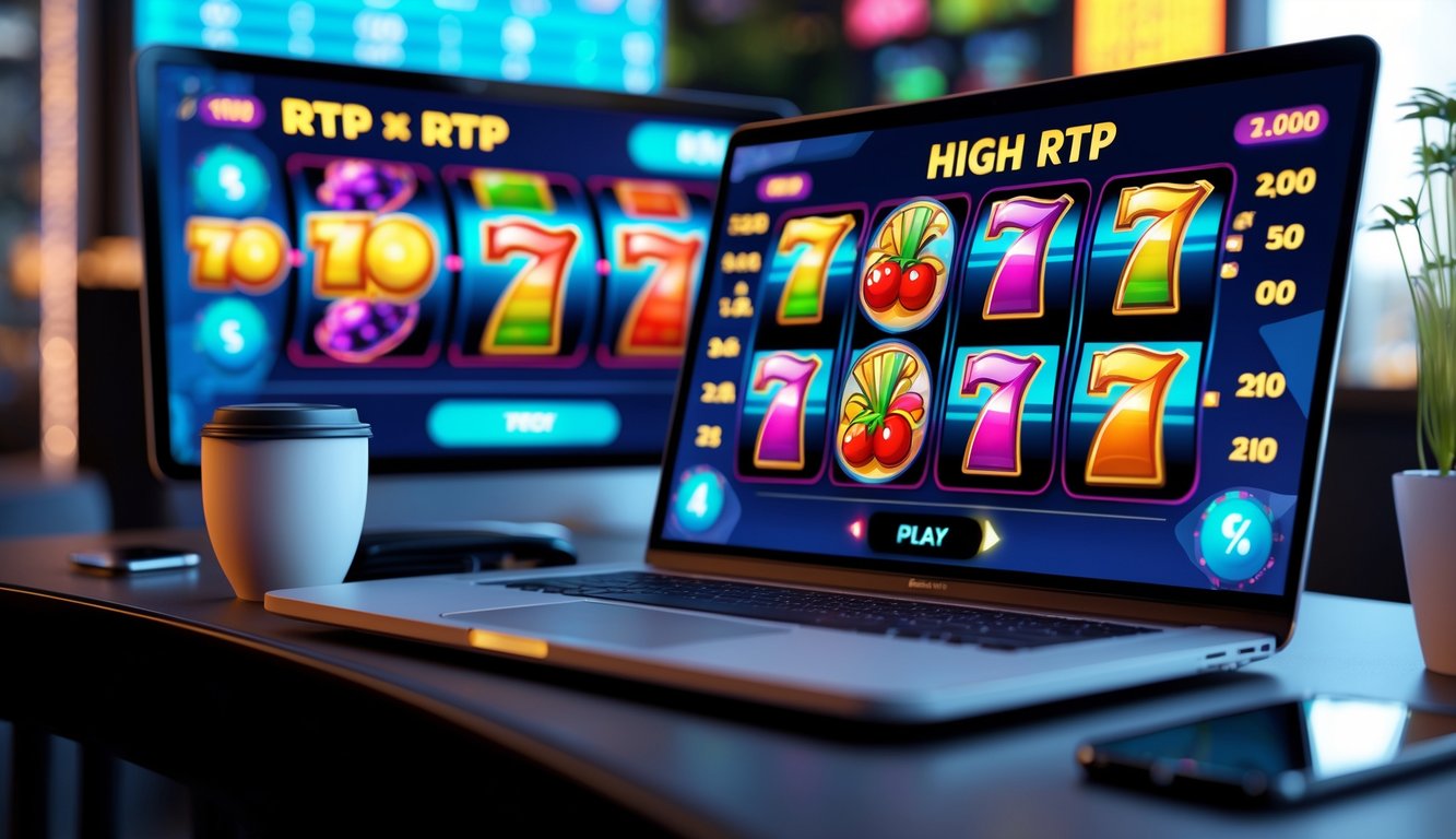 Seorang pengguna duduk di depan laptop dengan permainan slot digital berwarna-warni di layar, di meja terdapat ponsel dan secangkir kopi.