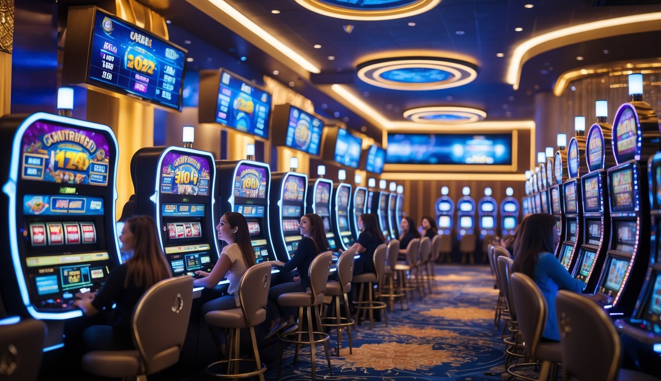 Suasana kasino modern dengan mesin slot berwarna-warni dan pemain yang sedang menikmati permainan.