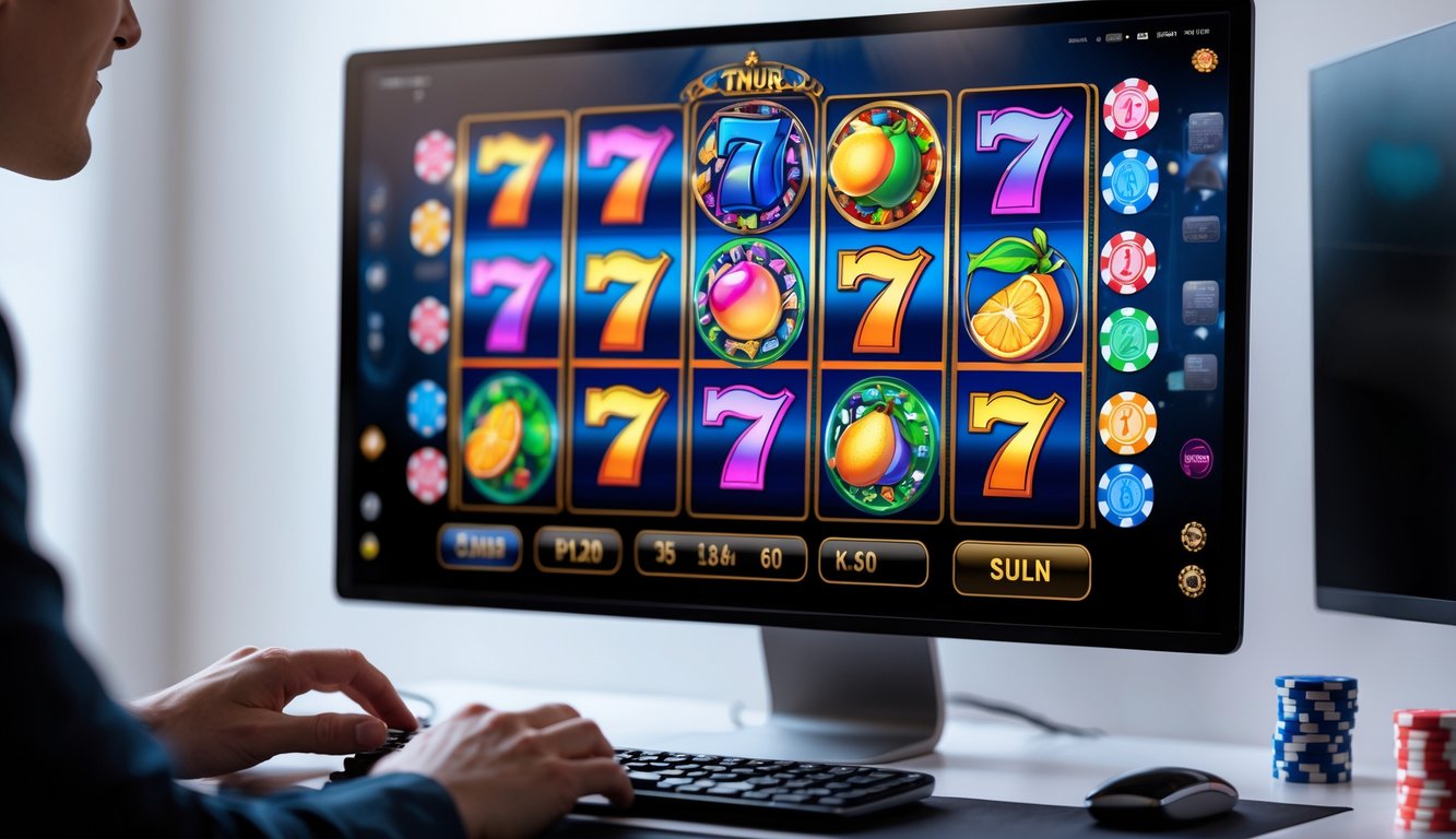 Seseorang sedang bermain permainan slot online di komputer dengan layar menampilkan gulungan slot berwarna-warni.