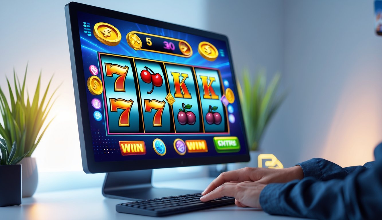 Seseorang sedang menggunakan komputer dengan tampilan permainan slot online yang berwarna-warni dan menarik.