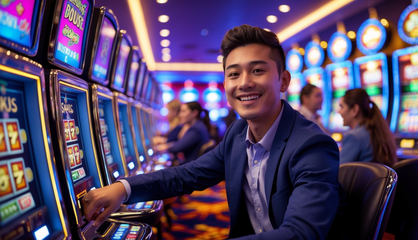 Seorang anggota baru yang senang bermain mesin slot di lantai kasino yang terang dan penuh warna.