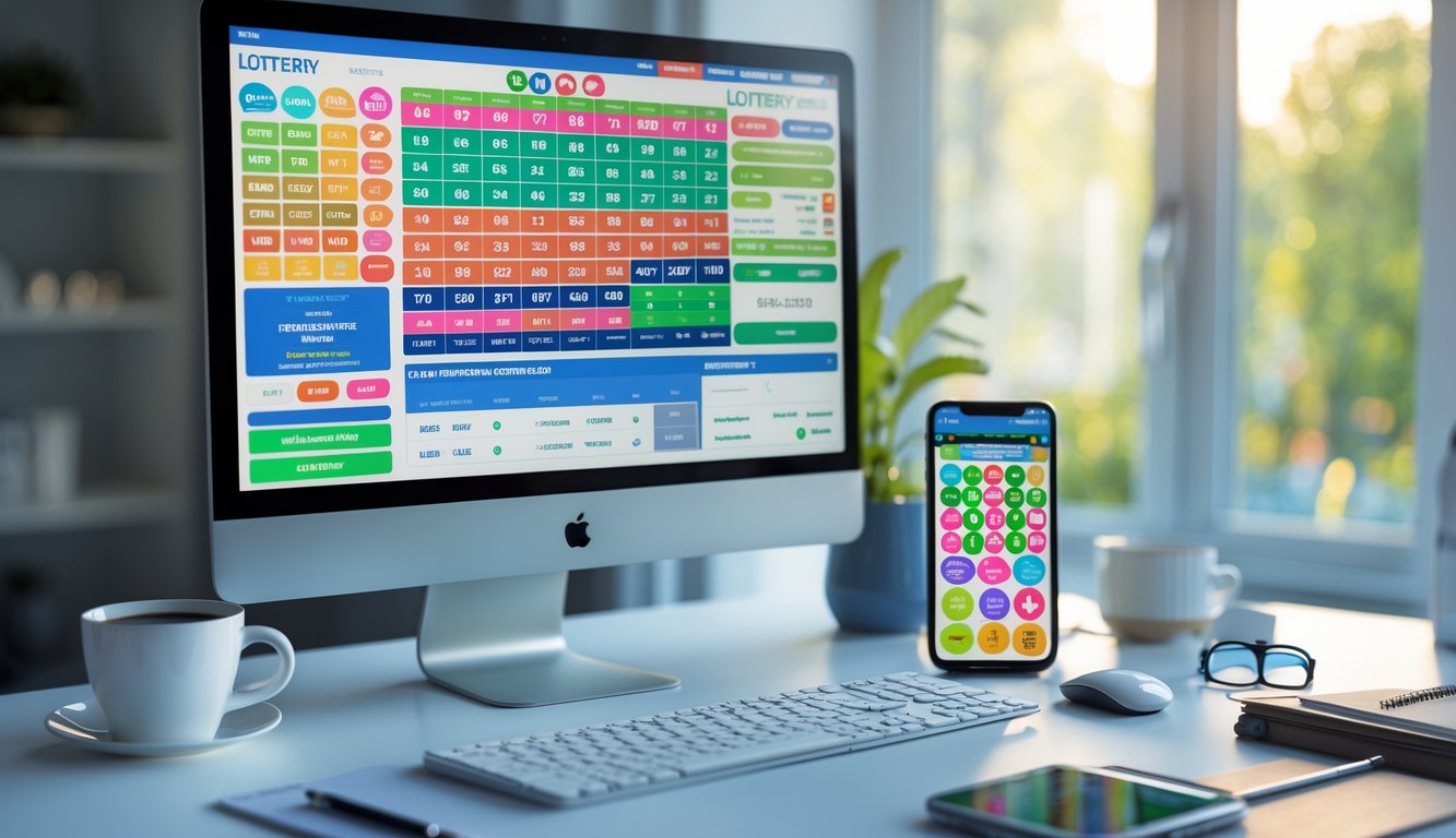 Meja kerja modern dengan komputer dan ponsel menampilkan angka dan grafik togel online.