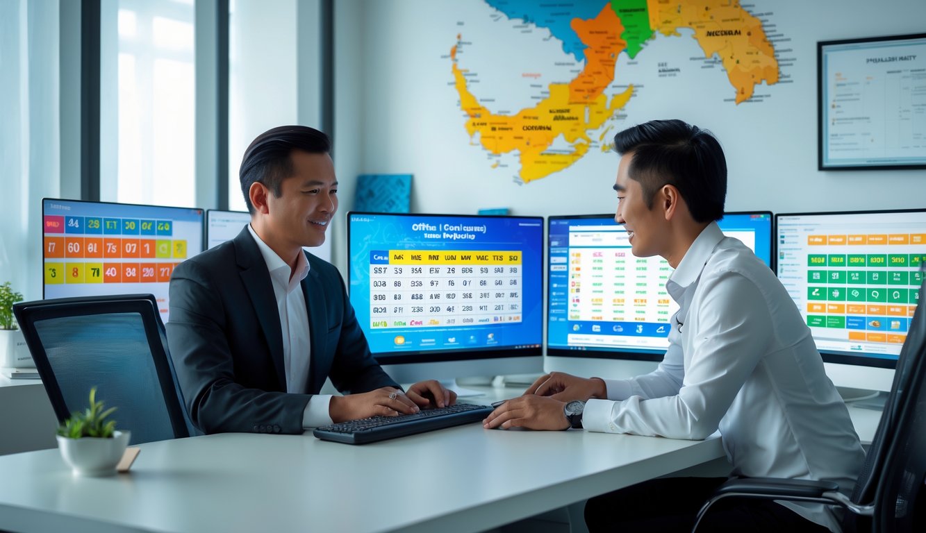 Seorang pria dan wanita Indonesia bekerja bersama di kantor modern dengan layar komputer yang menampilkan angka lotere dan grafik.