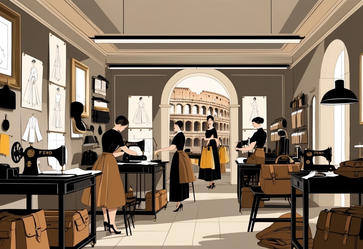 Suasana atelier mewah di Roma dengan pengrajin yang sedang membuat tas kulit dan pakaian bulu, dengan latar belakang siluet Colosseum.
