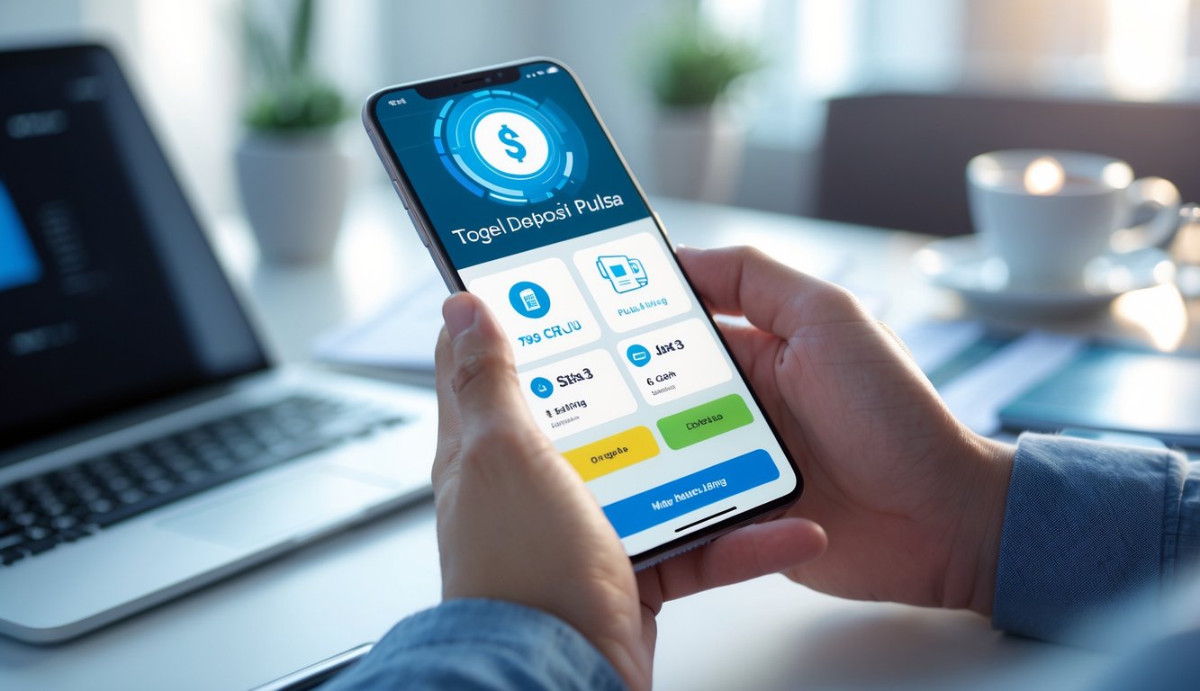 Tangan seseorang memegang ponsel yang menampilkan aplikasi dompet digital dengan ikon isi pulsa dan taruhan togel, di latar belakang meja kerja dengan laptop dan cangkir kopi.