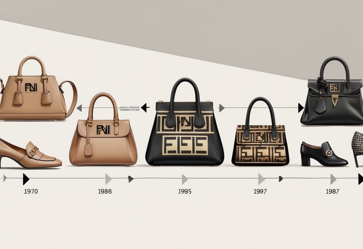 Ilustrasi yang menunjukkan perkembangan produk ikonis FENDI dari masa ke masa dengan berbagai tas, sepatu, dan pakaian yang tersusun dalam garis waktu.