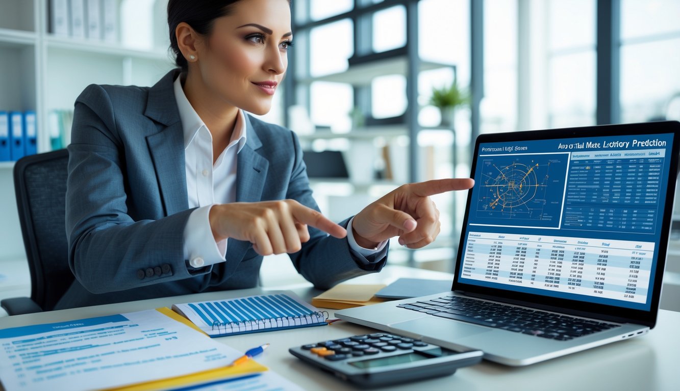 Seorang profesional sedang menganalisis data di meja kantor dengan laptop, kalkulator, dan catatan di lingkungan kantor yang terang.