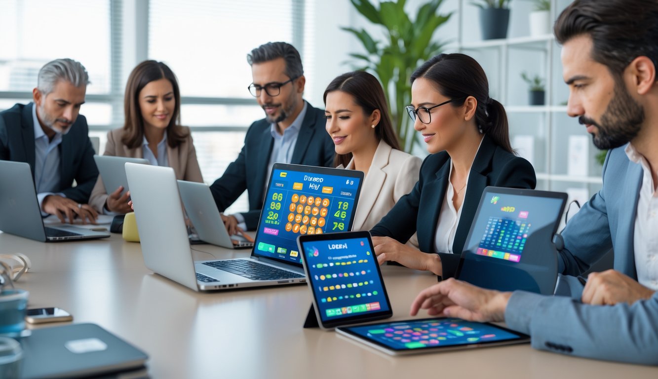 Orang-orang sedang menggunakan perangkat digital di kantor modern untuk aktivitas terkait togel.