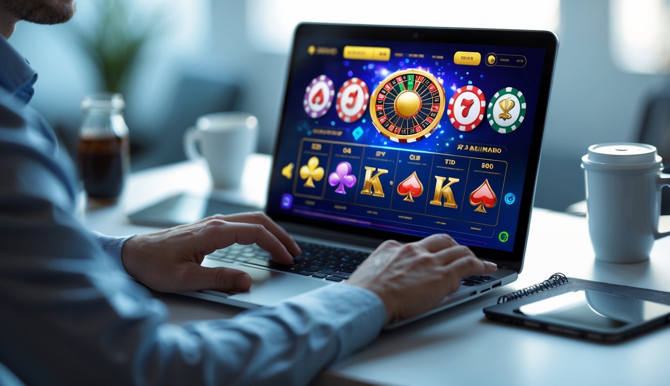 Seseorang menggunakan laptop dengan tampilan permainan kasino online di layar dalam suasana kerja yang modern dan rapi.