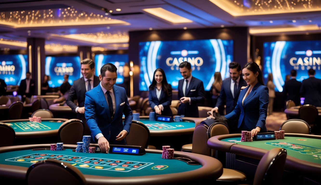 Suasana kasino langsung yang ramai dengan meja permainan dan dealer profesional melayani pemain.