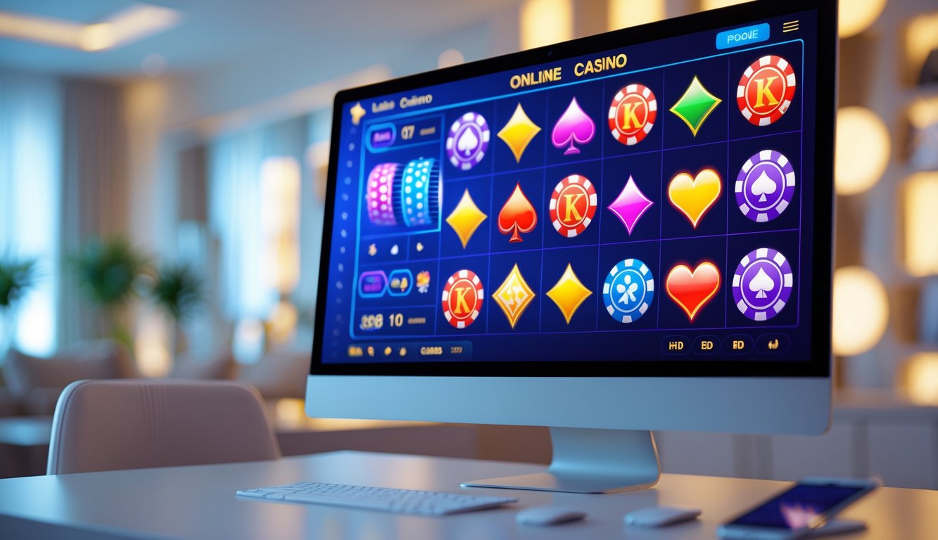 Tampilan antarmuka kasino online modern di layar komputer dan ponsel di atas meja minimalis.