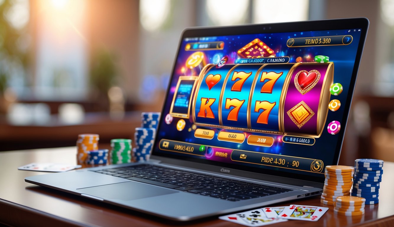 Seorang pengguna sedang bermain permainan mesin slot online di komputer dengan chip poker dan kartu di meja.