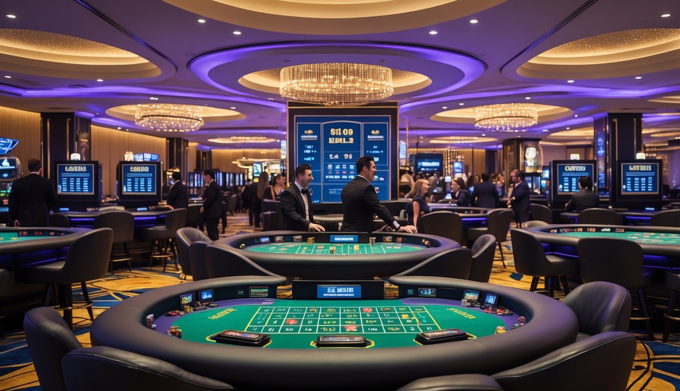 Suasana kasino langsung dengan meja permainan dan dealer yang sedang melayani pemain di dalam ruangan yang modern dan elegan.