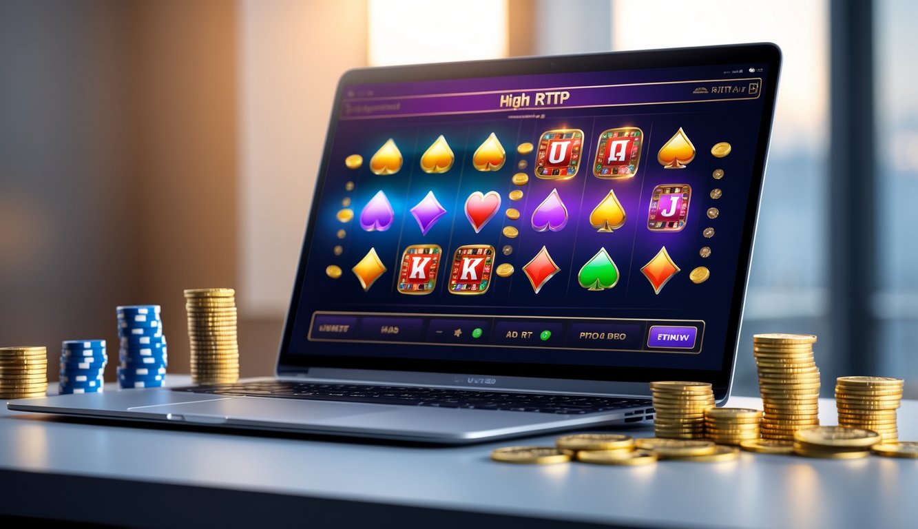 Sebuah laptop modern di atas meja dengan tampilan permainan kasino online dan beberapa chip poker serta koin emas di sekitarnya.