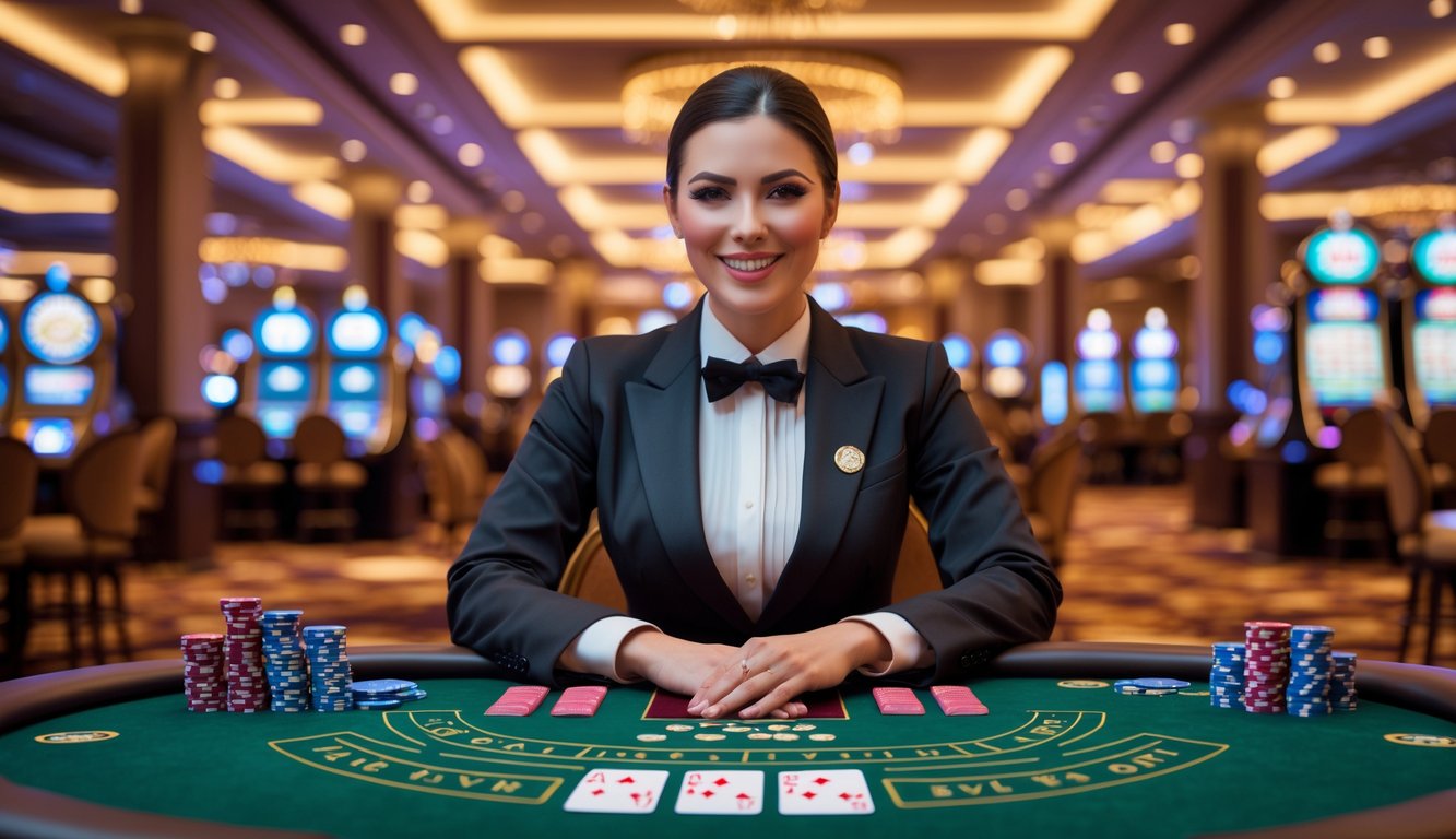 Seorang dealer kasino langsung duduk di meja permainan dengan kartu dan chip di kasino mewah.