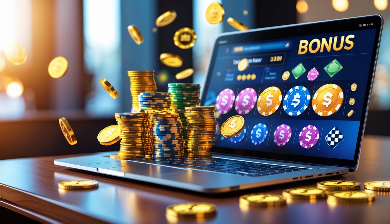 Laptop modern di atas meja dengan layar menampilkan tema kasino online, dikelilingi dengan chip poker dan koin emas yang berkilauan.