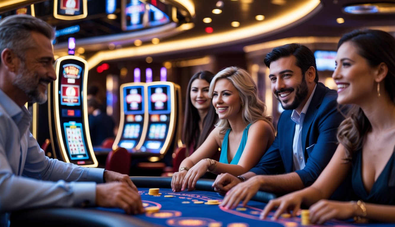 Orang-orang bermain permainan kasino di sebuah platform kasino modern dengan layar digital dan suasana mewah.